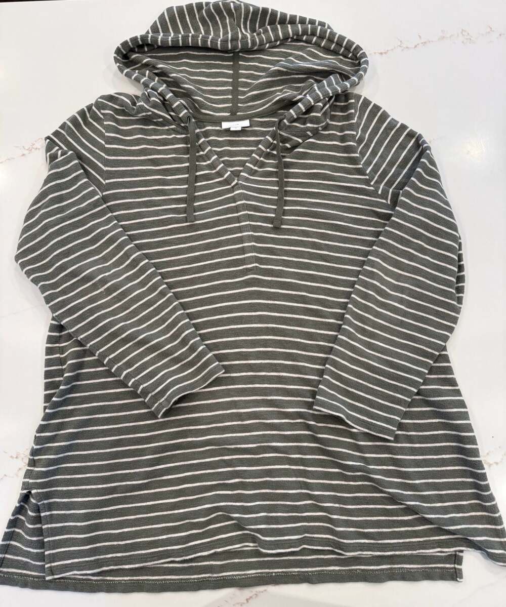 J.Jill Olive Green Striped V-Neck Hoodie Pullover Size M